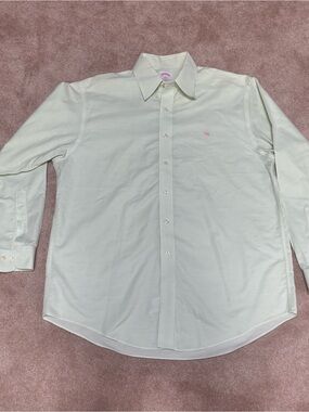 Brooks Brothers shirt men Large soft mint Rare pink LOGO no-iron supima cott EUC
